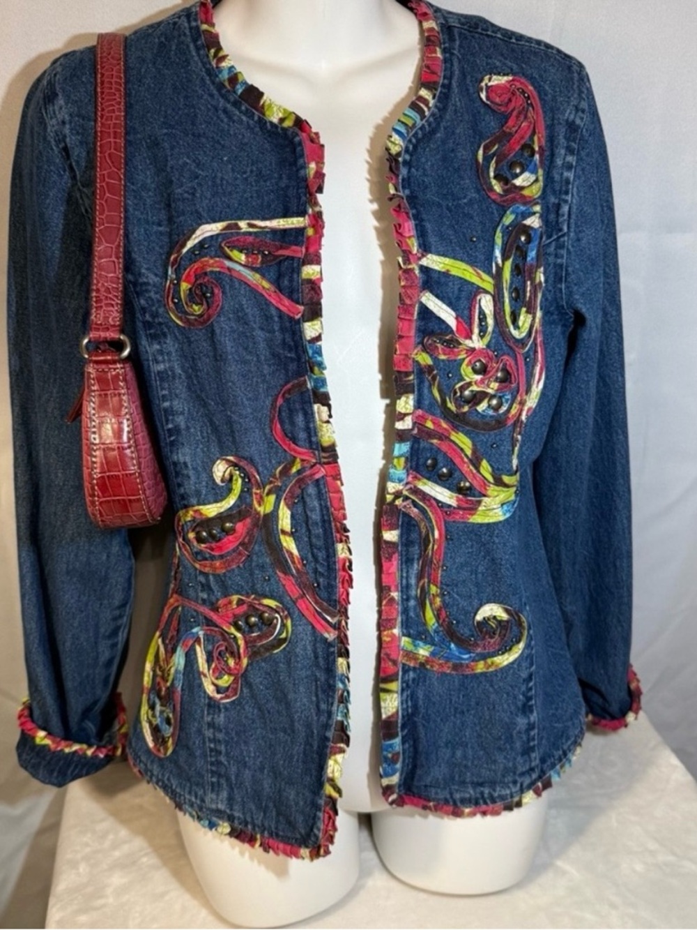 Life Style Petite Artwear Denim Jacket Embellished‎ Appliqué Boho Festival PM